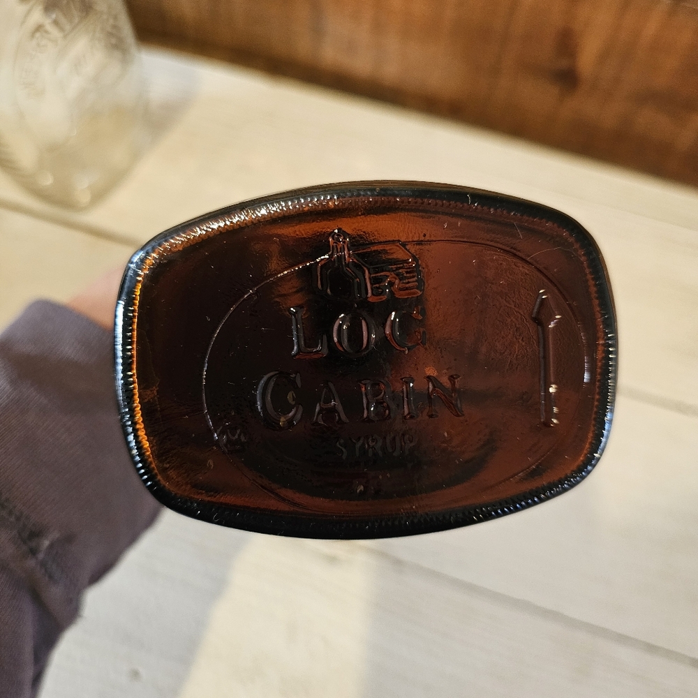 Two Vintage '76 Bicentennial Log Cabin Syrup Collectible Bottles Clear & Amber - Picture 6 of 8